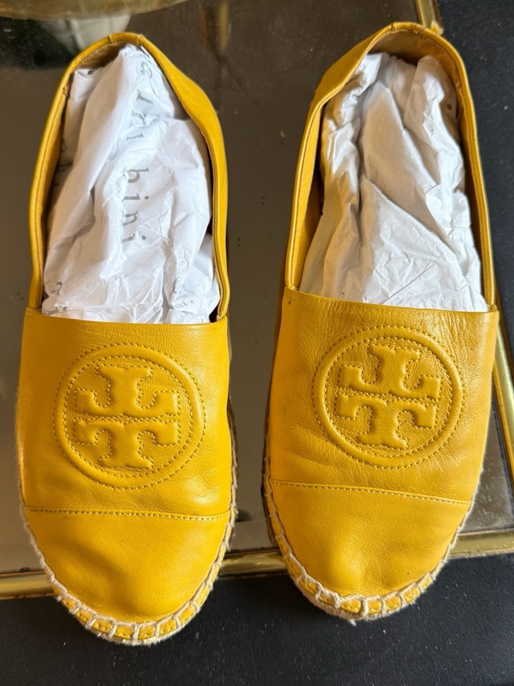 Tory Burch Mustard Yellow Leather Espadrille Flats
